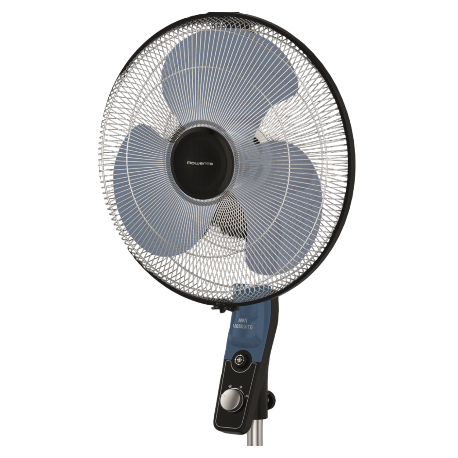 Un ventilateur Rowenta noir et bleu avec une grille argentée et une fonction anti-moustiques.