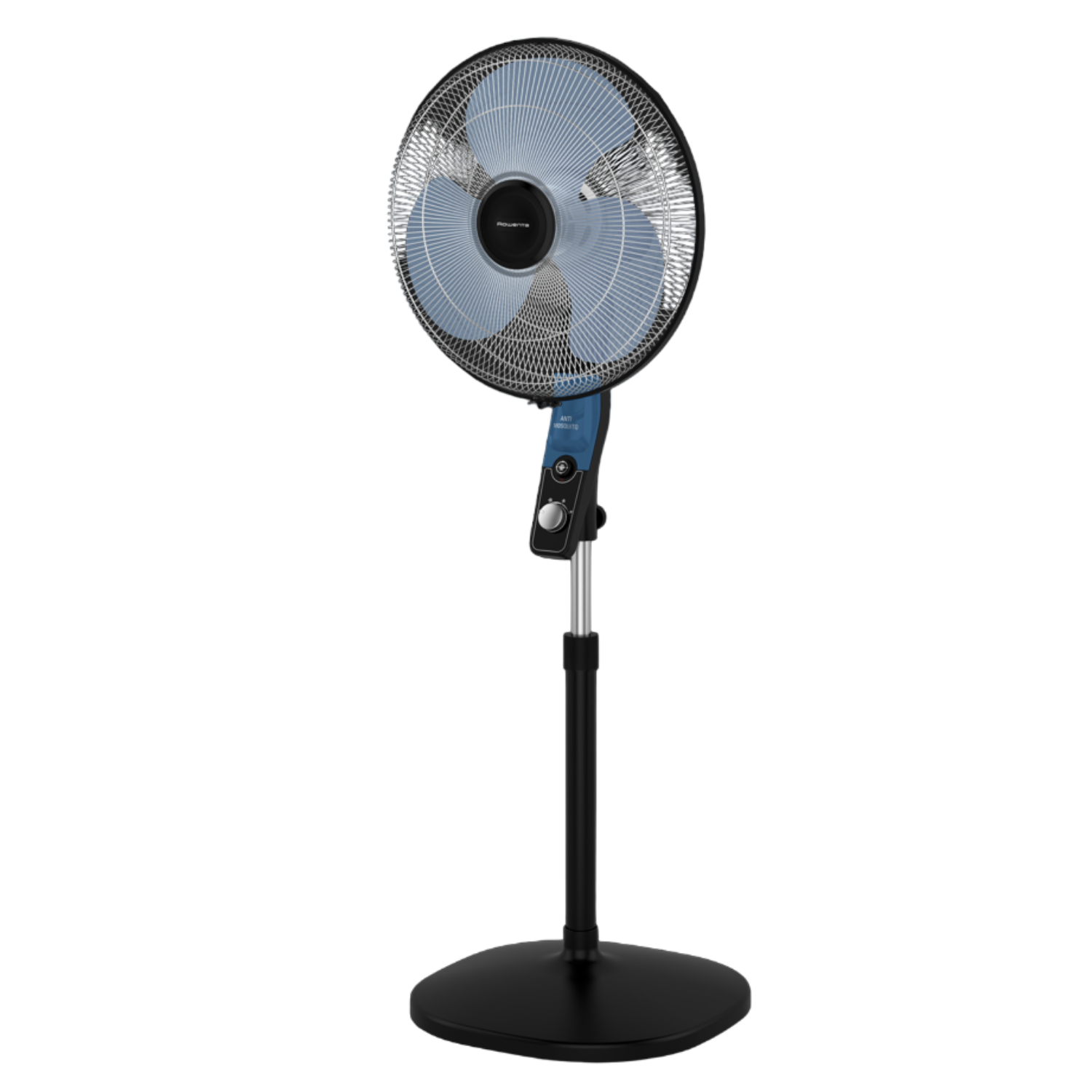 Un ventilateur sur pied noir et bleu sur une base noire, avec un panneau de commande sur la tige.