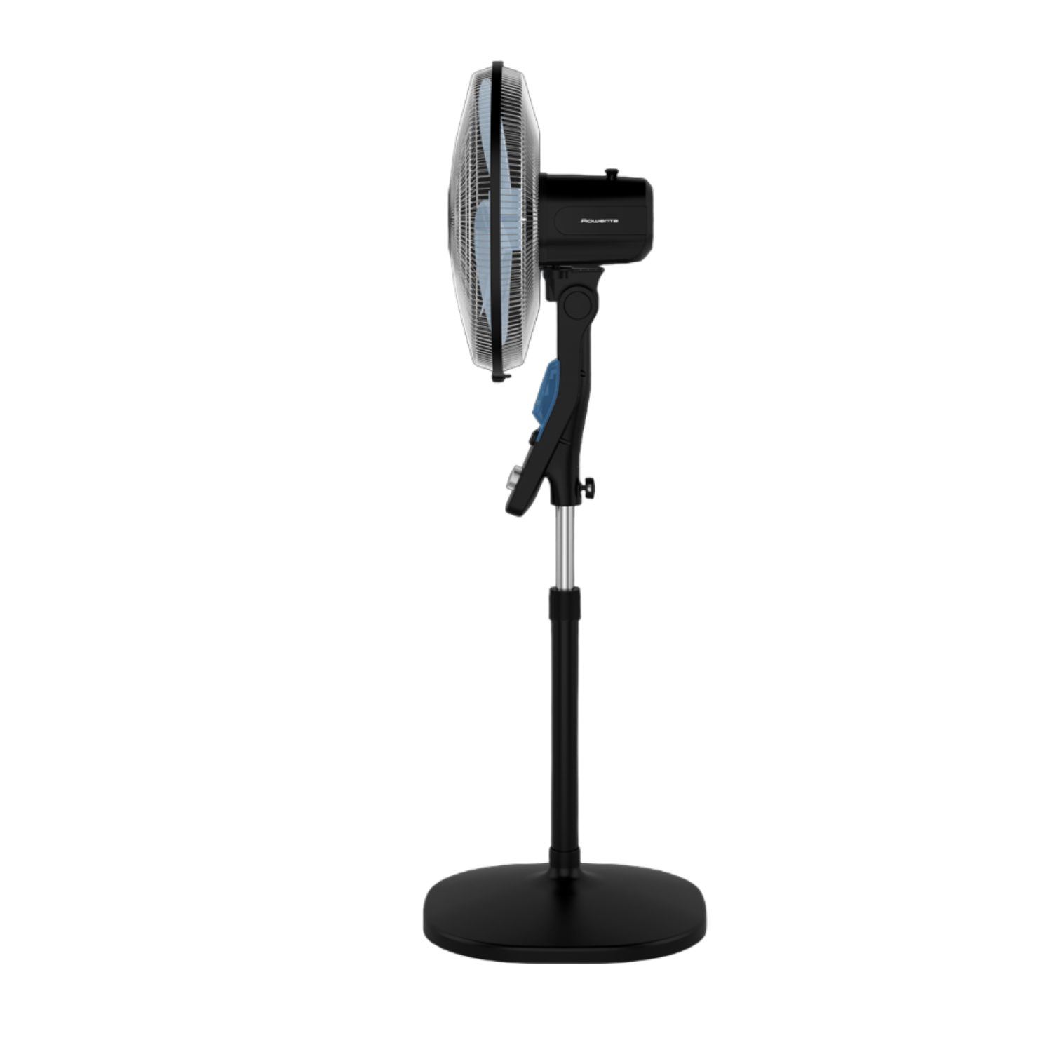 Un ventilateur sur pied Rowenta noir, avec un panneau de commande bleu, sur un socle noir.