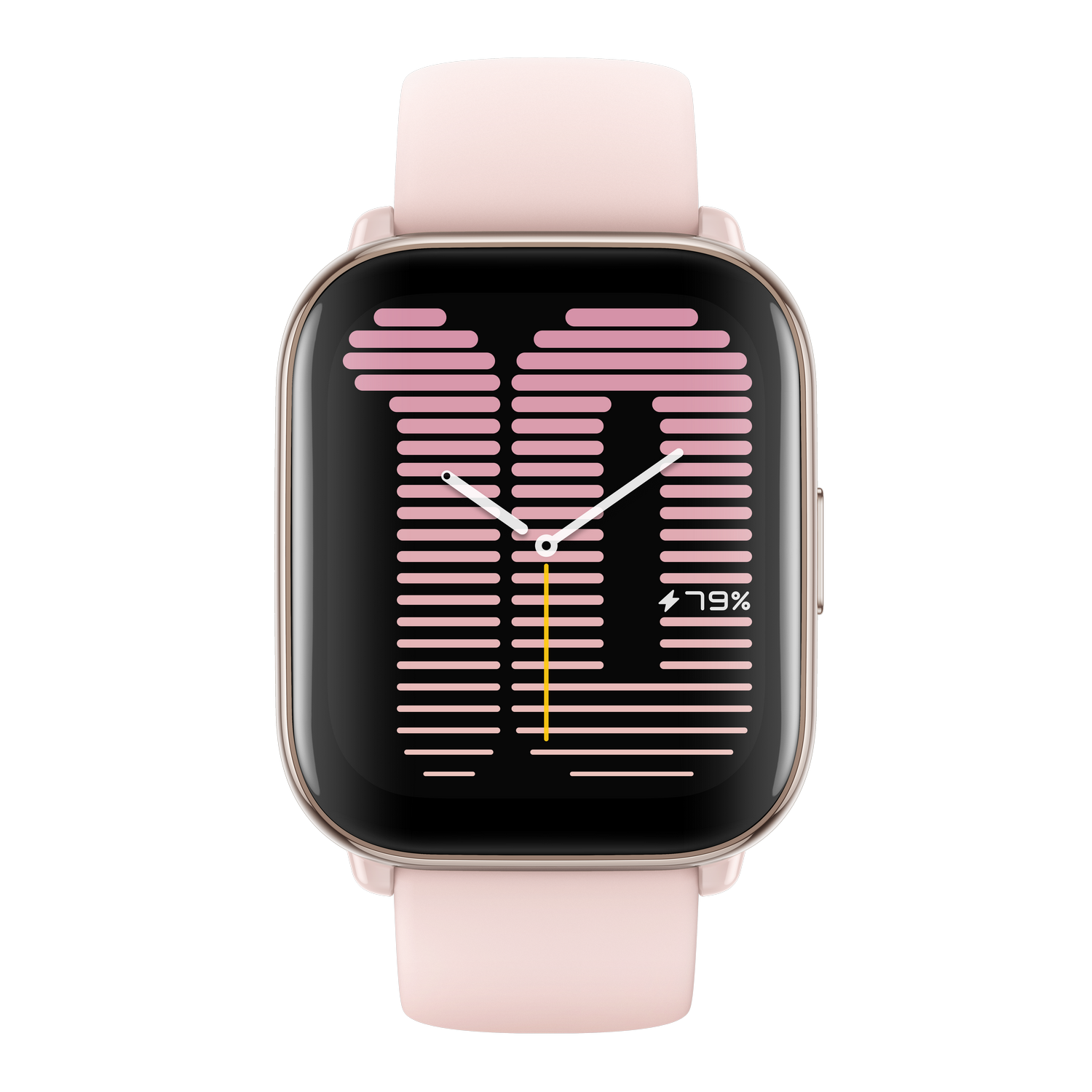 Un reloj inteligente rosa con correa rosa claro, mostrando un reloj digital y 79% de batería.