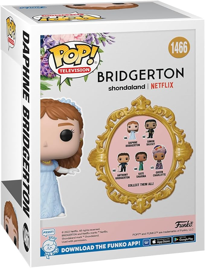 Caja Funko Pop de Bridgerton. Una figura de Daphne está a la izquierda. La caja tiene texto.