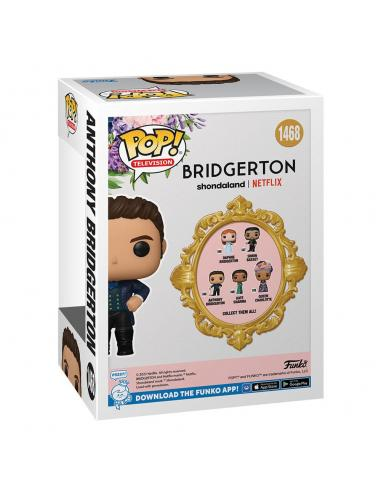 Caja Funko Pop Bridgerton. Figura de Anthony Bridgerton y logo del programa.