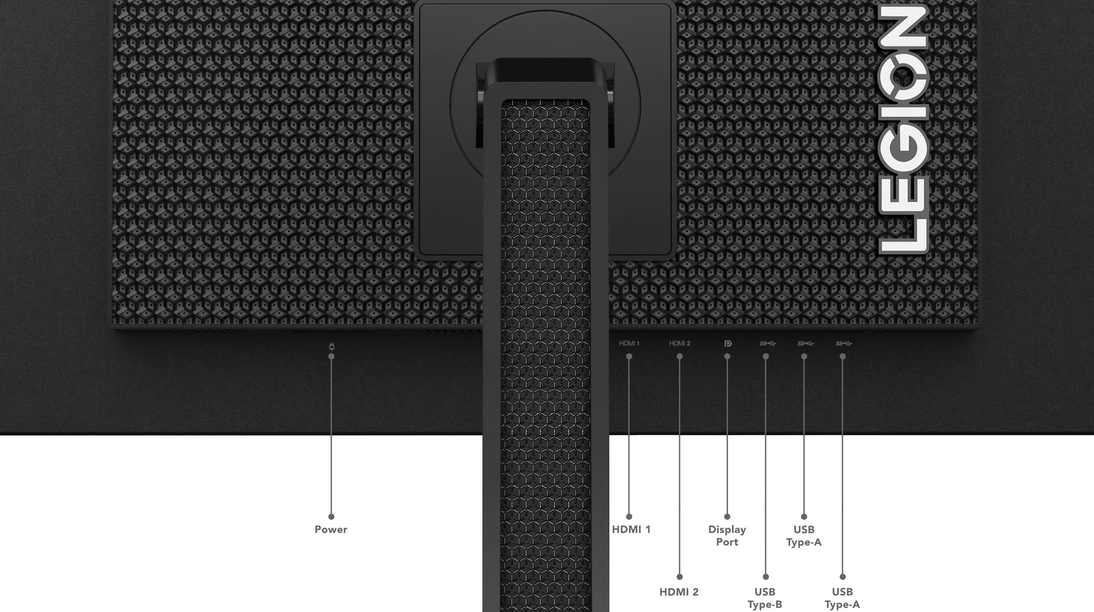 La parte trasera de un monitor negro con la marca Legion, que muestra los puertos de alimentación y conexión.