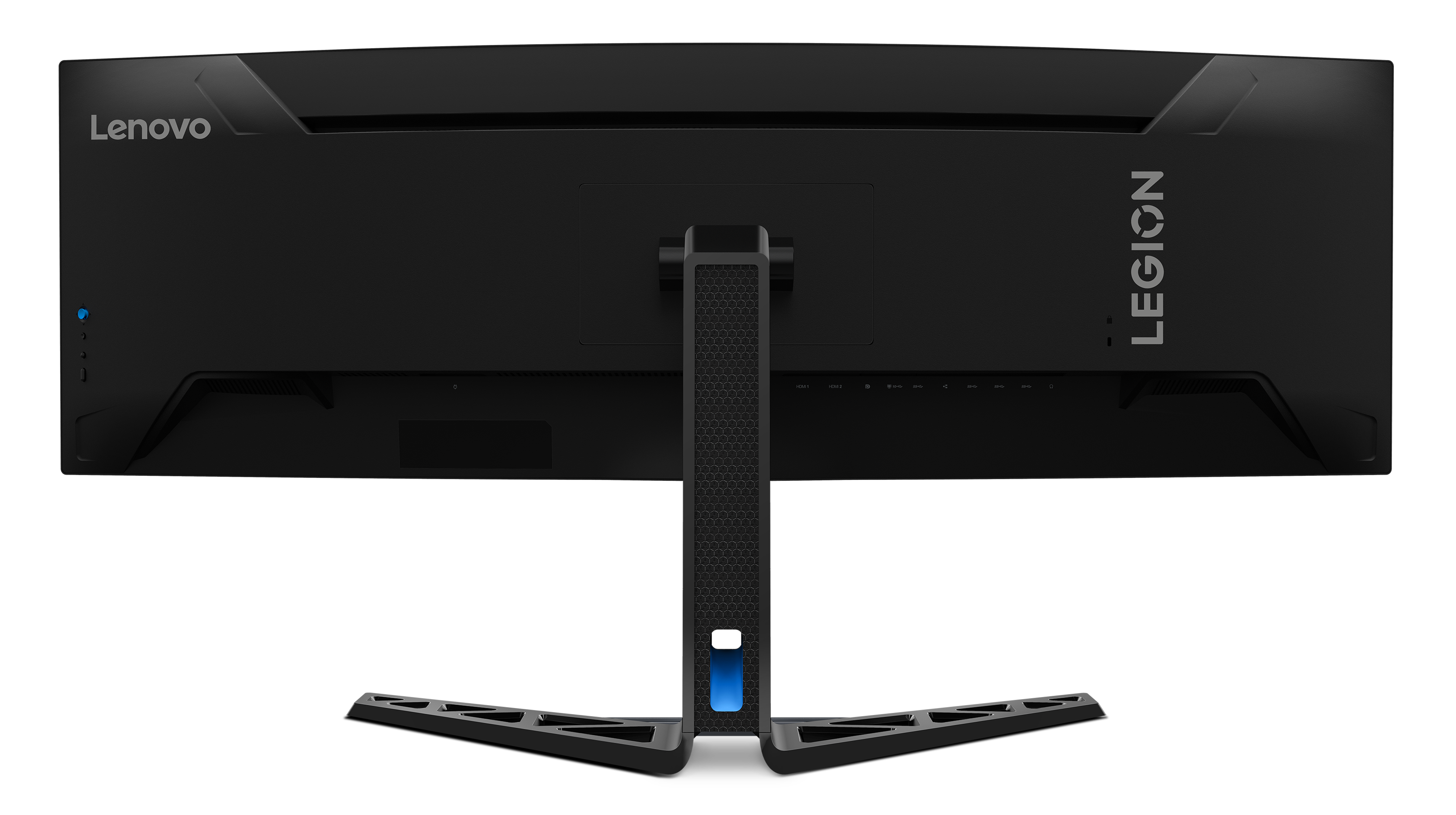 Parte trasera del monitor Lenovo Legion, negro, con soporte y logos.