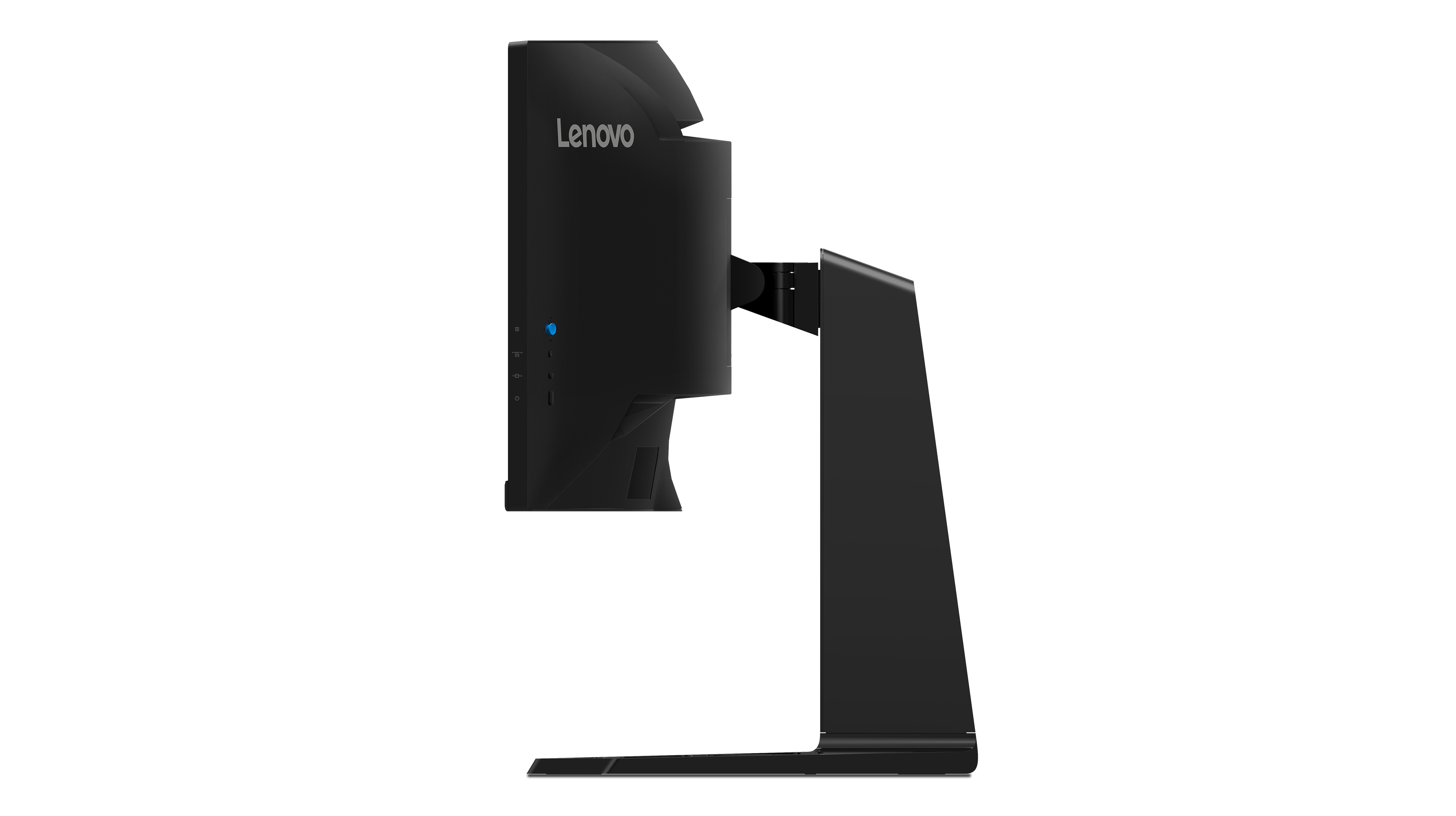 Monitor Lenovo negro, vista lateral, sobre fondo negro.