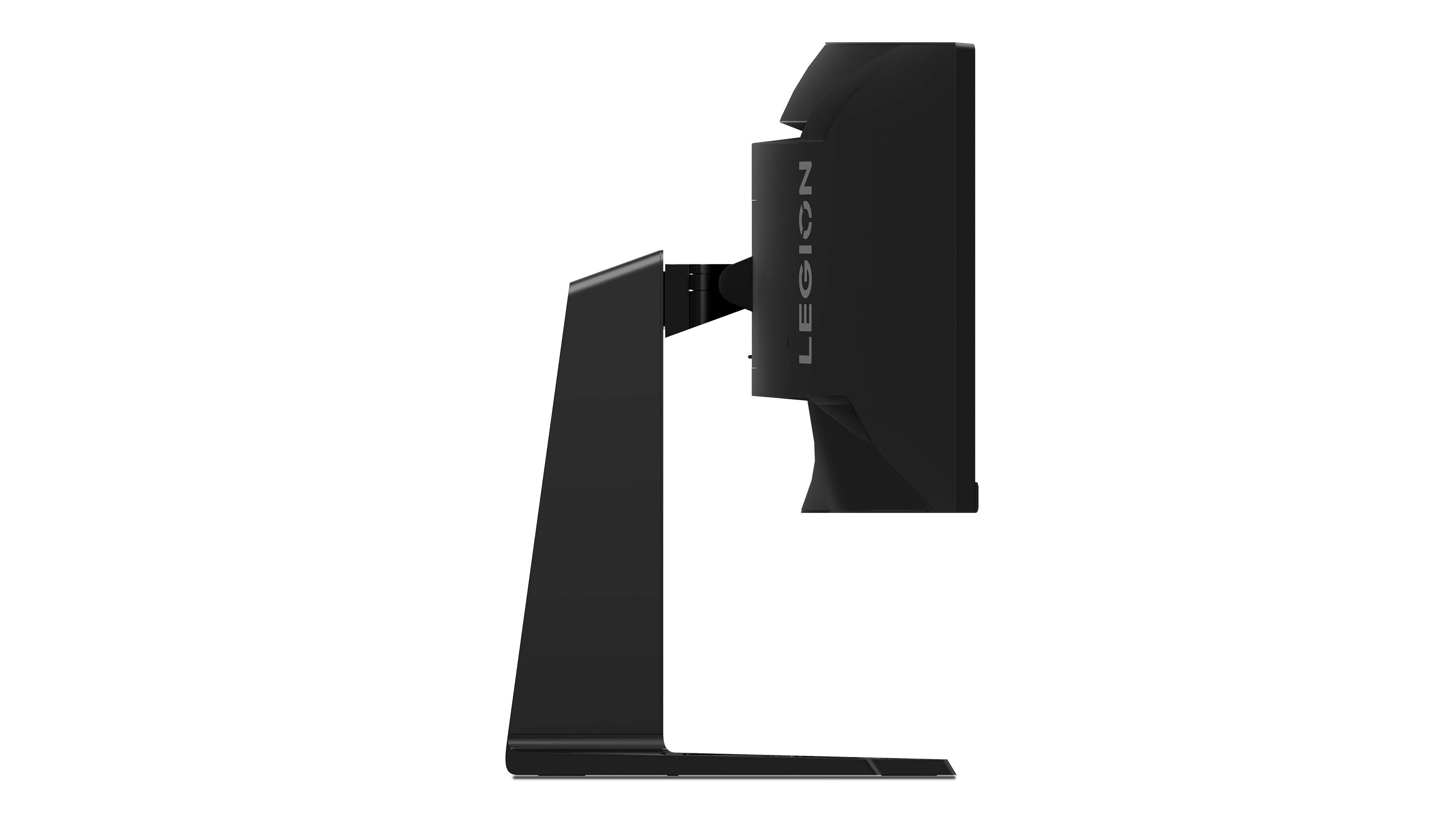Vista lateral del monitor Lenovo Legion negro. Soporte negro y fondo negro.
