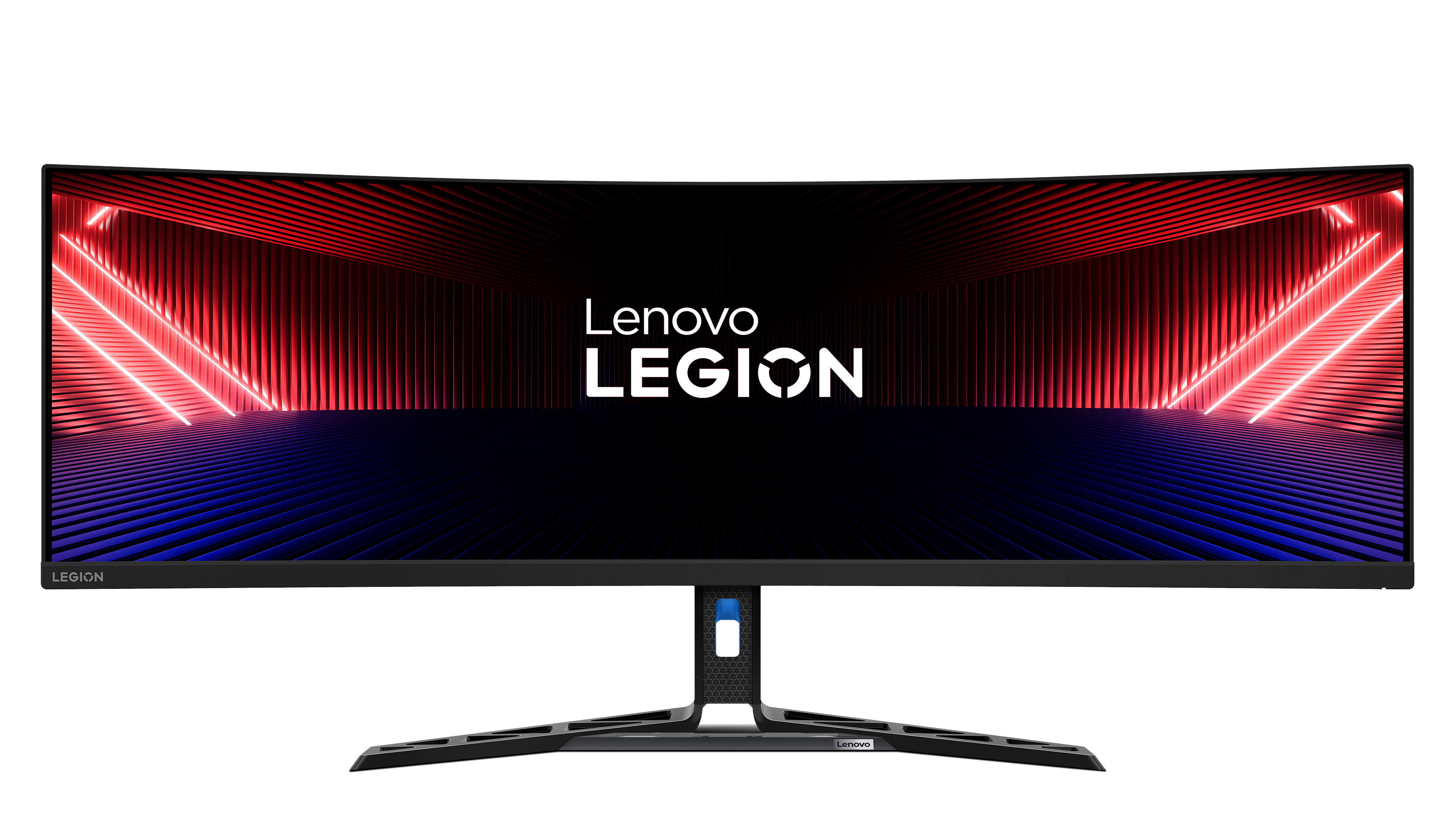 Monitor ultra ancho Lenovo Legion con interior iluminado en rojo y azul, marco y soporte negros.