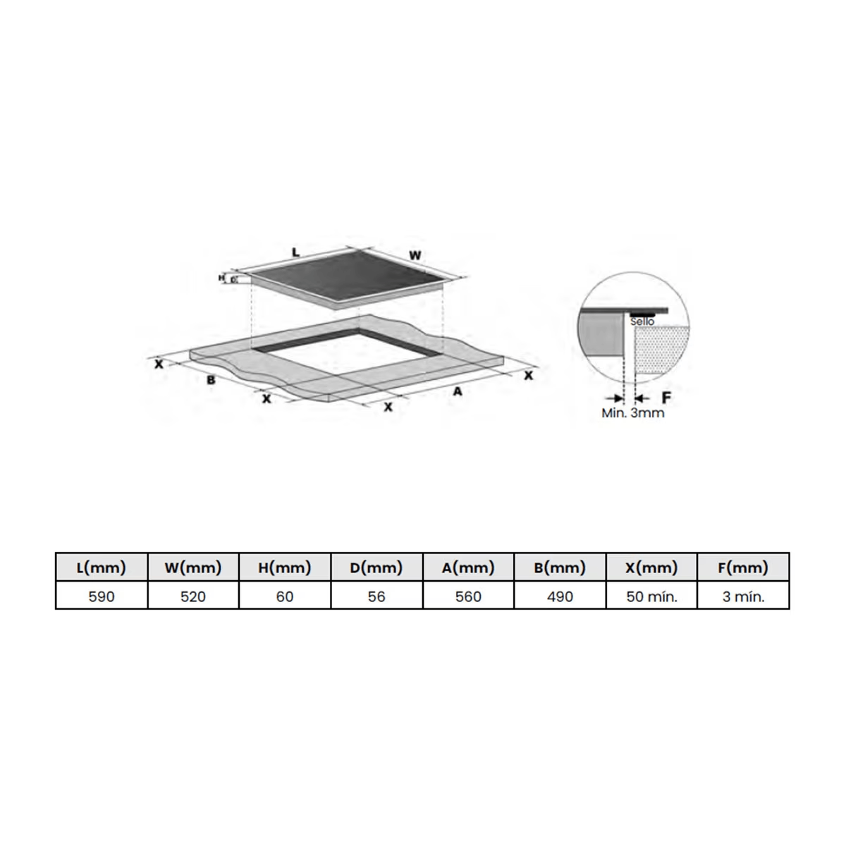 Dibujo técnico de una placa de cocina, con dimensiones en milímetros. Elemento rectangular en el centro.