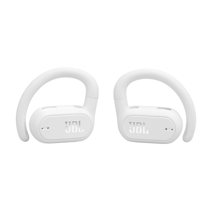 Dos auriculares inalámbricos JBL blancos. Los auriculares están sobre fondo negro.