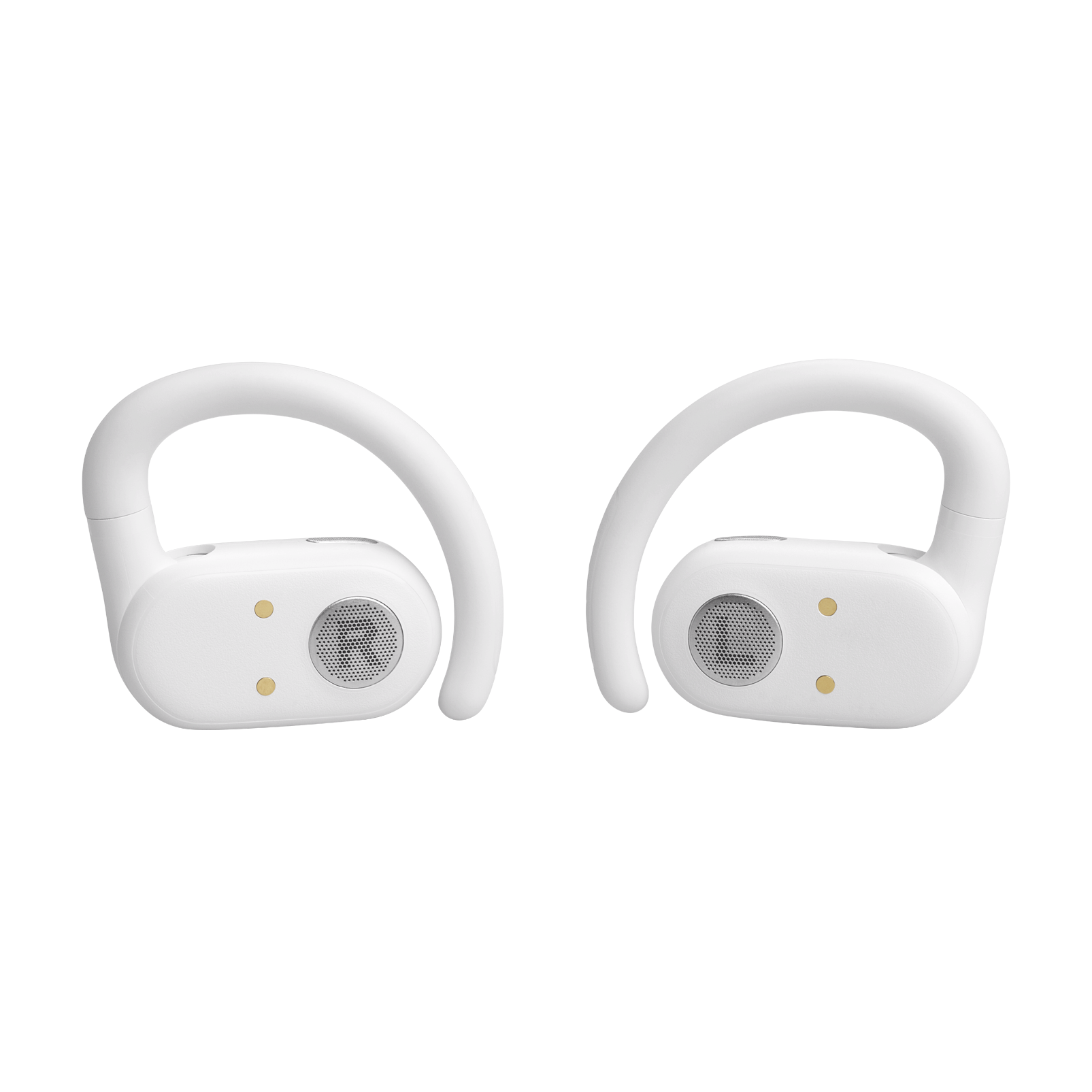 Auriculares inalámbricos blancos con ganchos para las orejas. Fondo negro.
