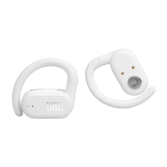 Auriculares inalámbricos JBL blancos. Auriculares con diseño curvo, fondo negro.