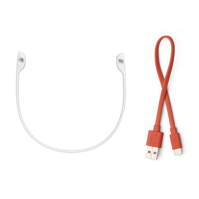 Banda para el cuello blanca con dos extremos y un cable USB-C naranja.
