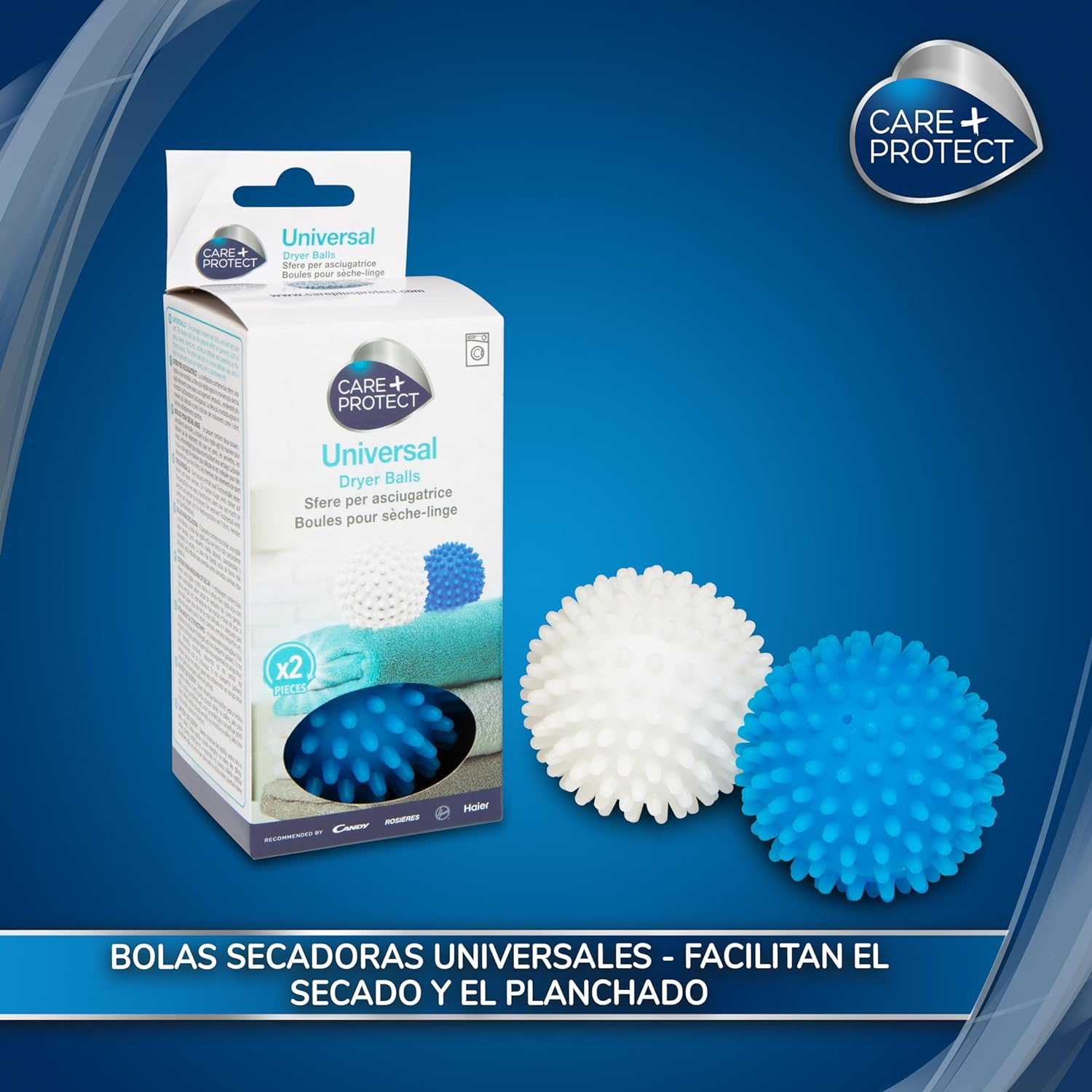 Se muestra un paquete de bolas para secadora. Dos bolas están fuera del paquete.