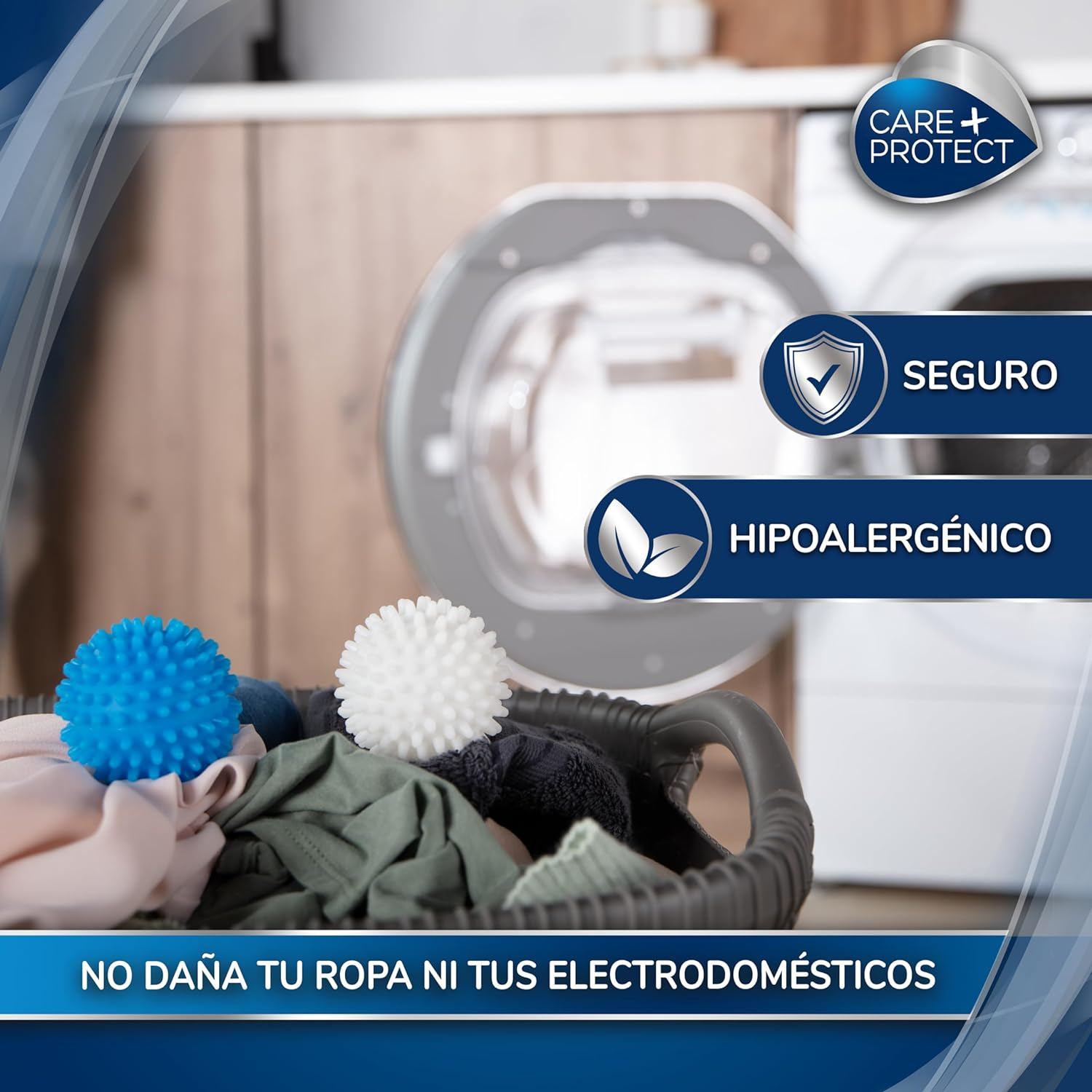 Bolas de lavandería en una cesta, con texto sobre cuidado y protección.