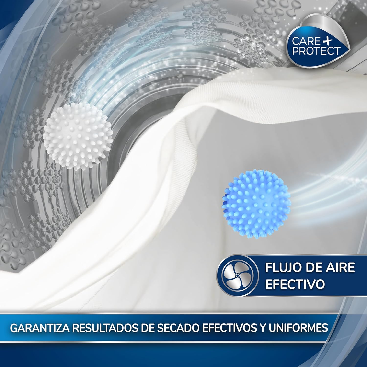 Bolas de lavandería y un paño blanco en una lavadora, con texto sobre el flujo de aire.
