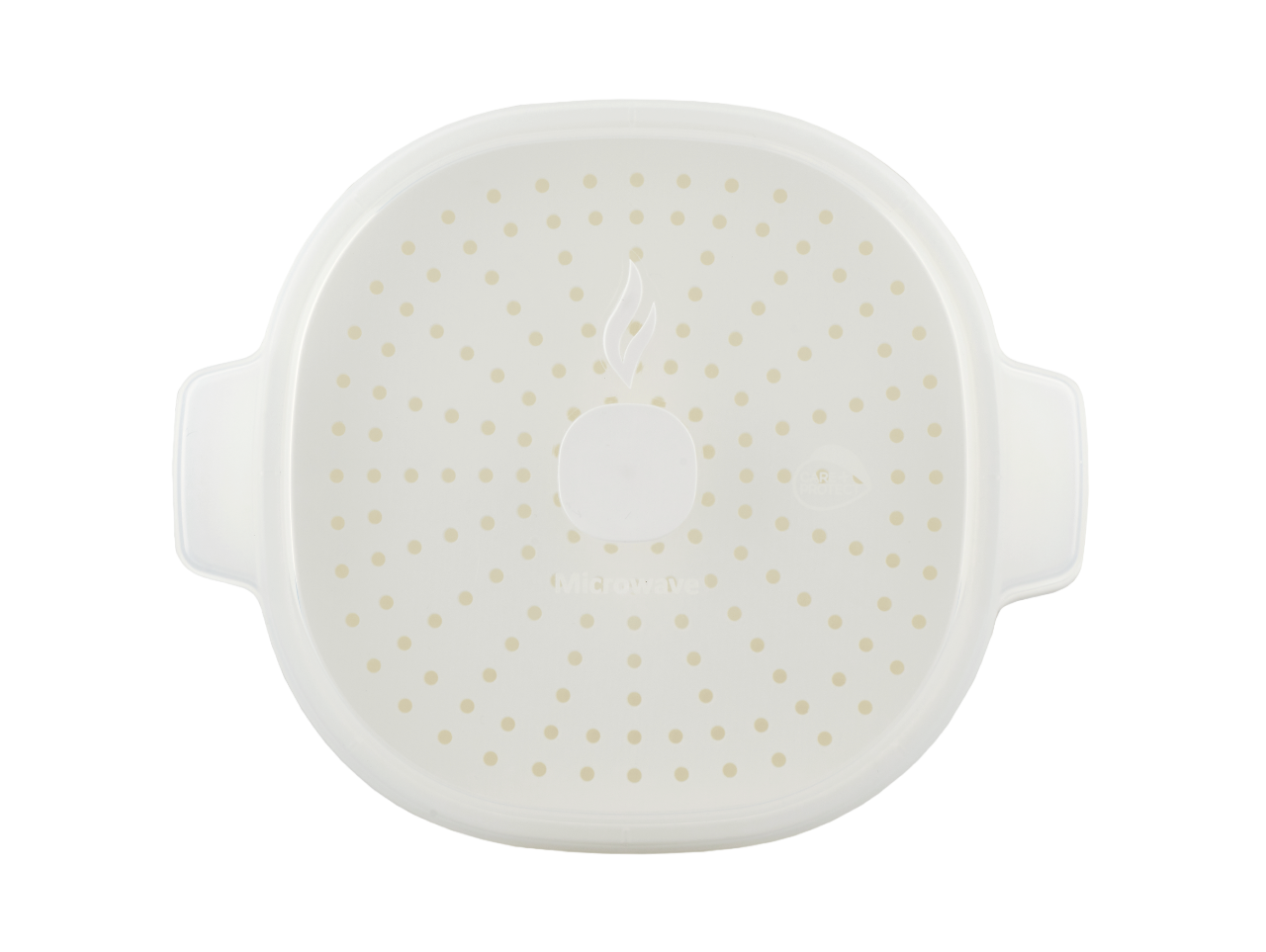 Tapa blanca de microondas con orificios de ventilación y un asa.