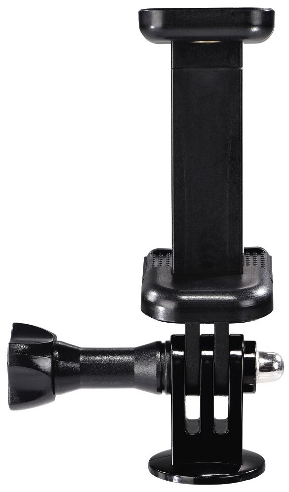 Czarny statyw z uchwytem na telefon i mocowaniem GoPro, pod kątem z boku.