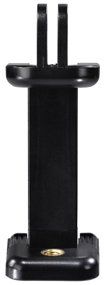 Czarny uchwyt do telefonu do aparatu. Ma mocowanie śrubowe na dole i dwa pionowe pręty.