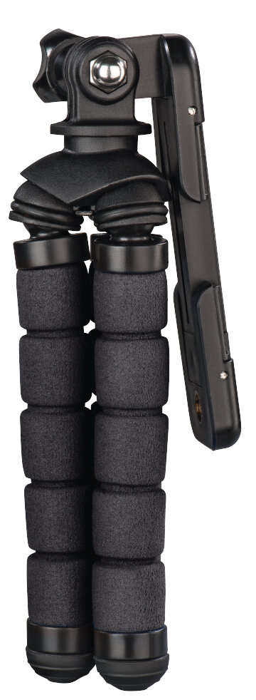 Czarny i szary statyw z piankowymi uchwytami, rozłożony. Białe tło.