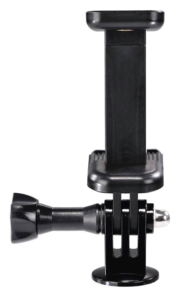 Czarny uchwyt GoPro do telefonu. Zawiera uchwyt na telefon i złącze GoPro.