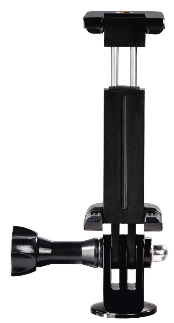 Czarny uchwyt na telefon komórkowy do aparatu, na białym tle.