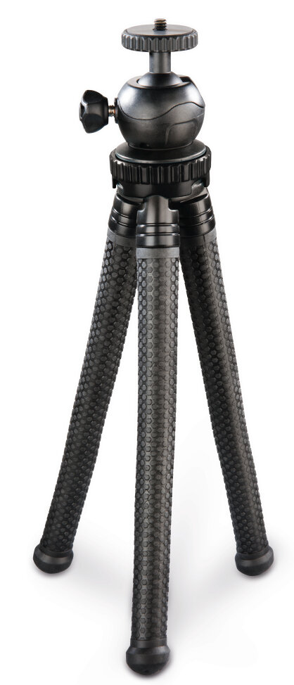 Czarny, elastyczny statyw z głowicą kulową do aparatów, na białej powierzchni.