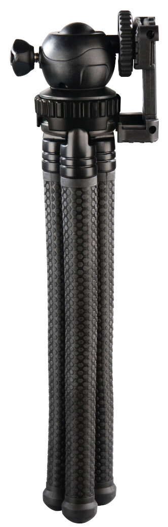 Czarny statyw z elastycznymi nogami, głowicą kulową i uchwytem na telefon.