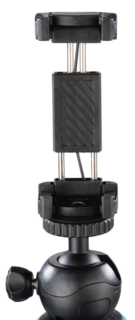 Czarny uchwyt na telefon do statywu, z głowicą kulową i regulowanymi ramionami.