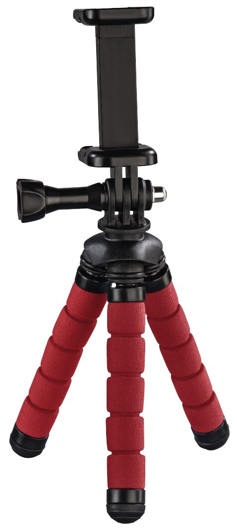 Czerwony i czarny statyw z uchwytem na telefon na białym tle.