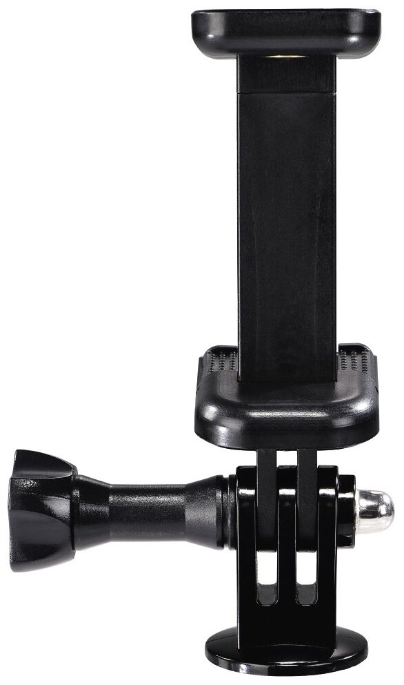 Czarny uchwyt do statywu do aparatu, z zaciskiem do trzymania telefonu.