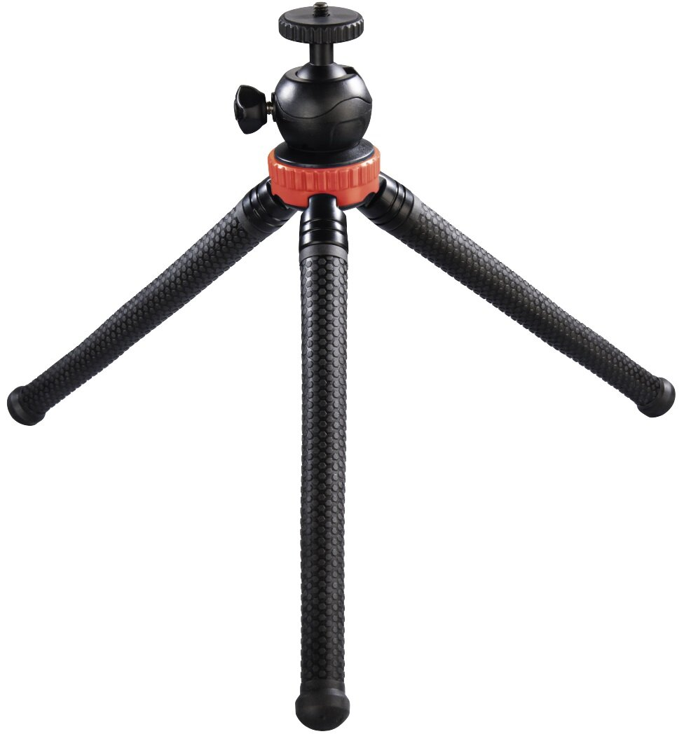 Mały, elastyczny statyw z czarnymi nogami i czerwonym przegubem centralnym. Czarna głowica kulowa.