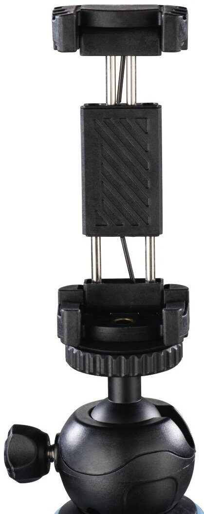 Wysoki, czarny stojak na telefon, pokazujący mechanizm regulacji.