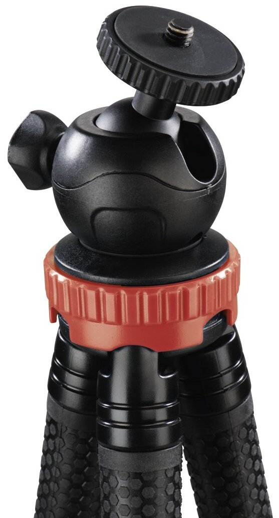 Czarny i czerwony mini statyw z głowicą kulową. Na górze śruba do mocowania aparatu.