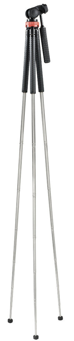 Srebrny i czarny statyw. Ma trzy nogi z regulowaną wysokością i czarny uchwyt na górze.