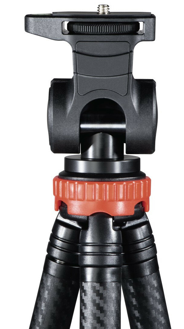 Statyw, zbliżenie, czarny i czerwony, z obrotową głowicą i regulowanymi nogami.