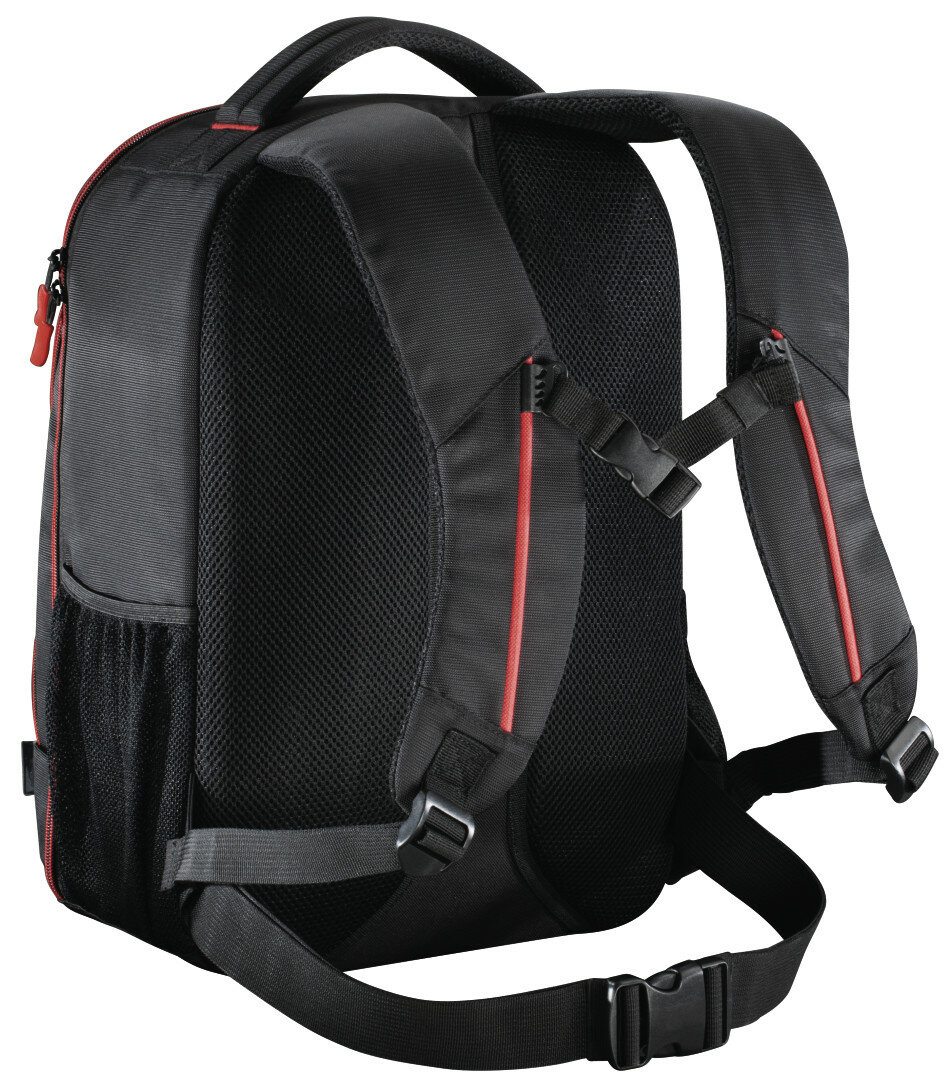 Czarny plecak z czerwonymi zamkami i paskami, widok z tyłu.