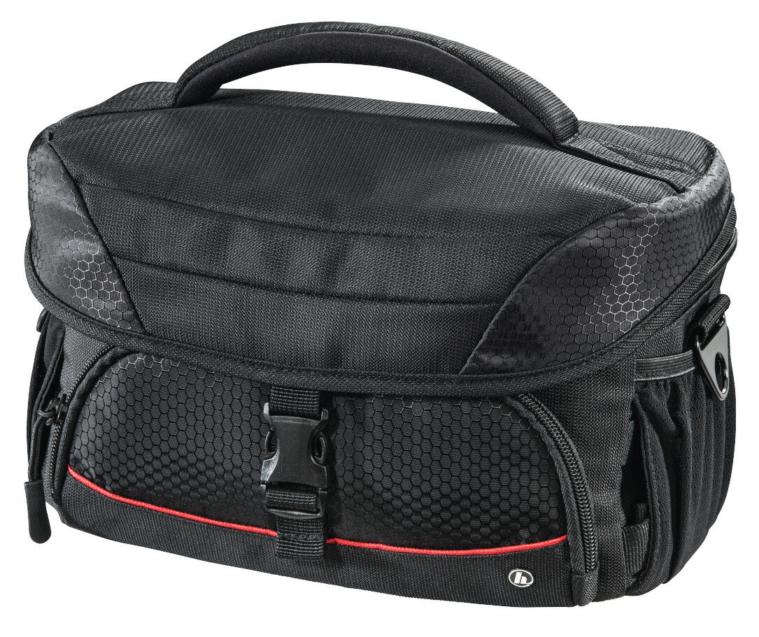 Czarna torba na aparat z uchwytem i czerwonym paskiem. Torba ma wzór plastra miodu.