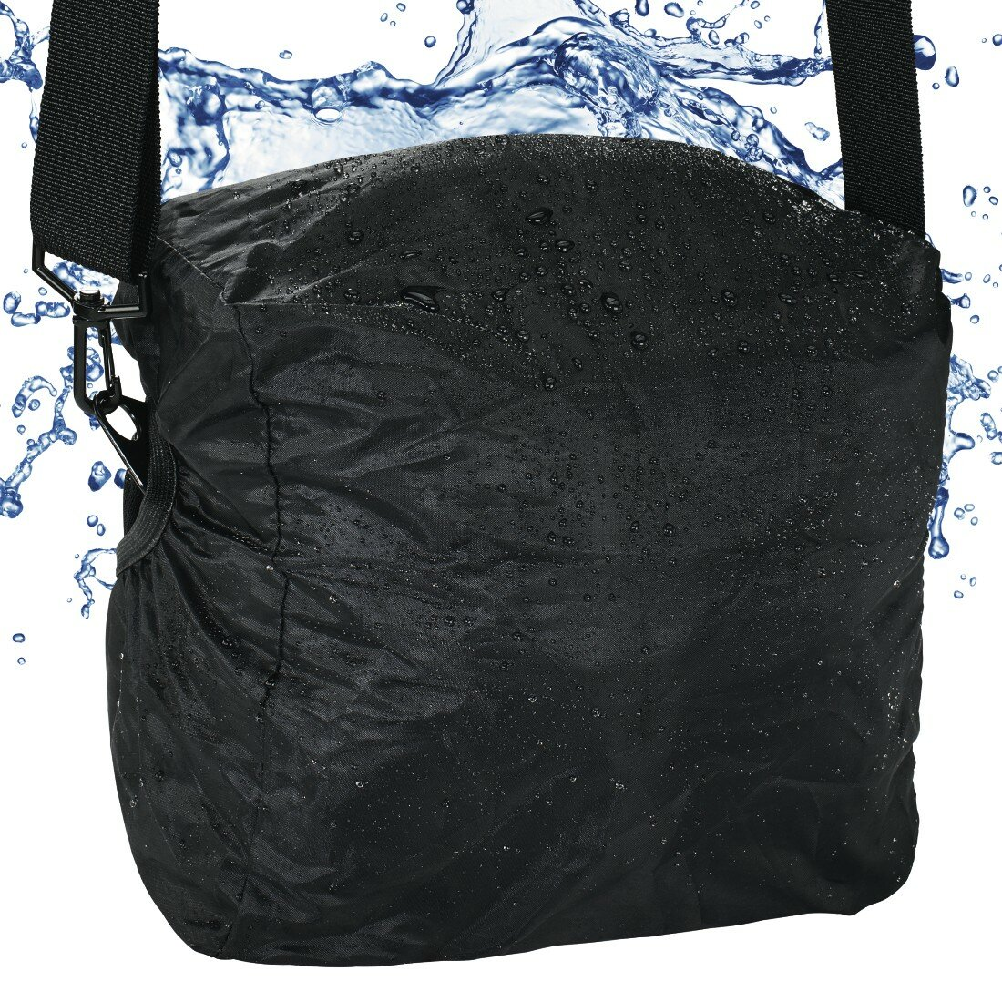 Czarna, wodoodporna torba na ramię z kroplami i rozpryskami wody.