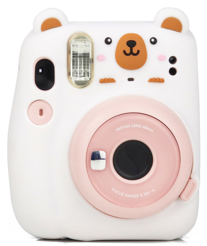 Biały aparat Instax w kształcie misia z różowym obiektywem i lampą błyskową.