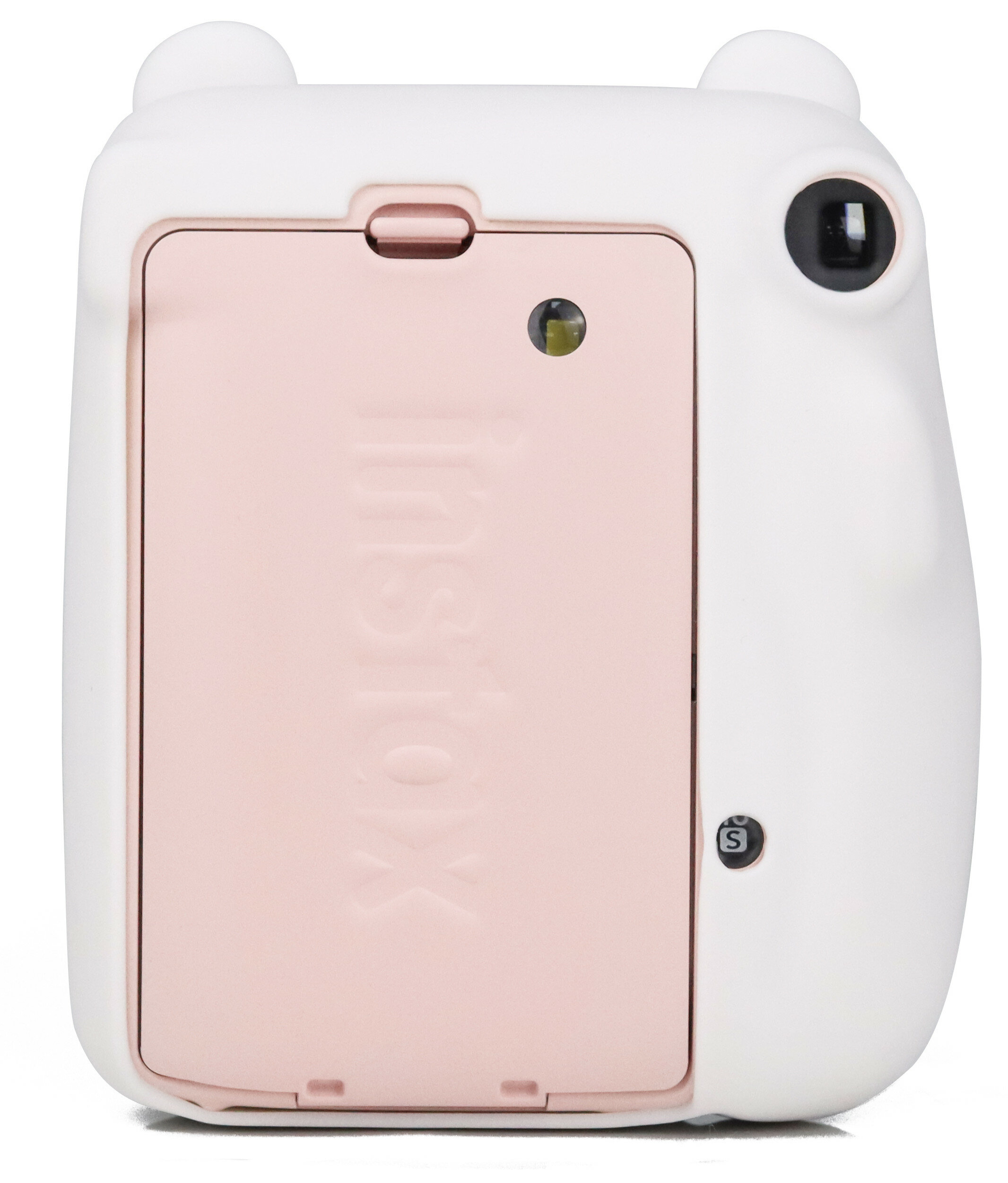 Biały aparat Instax z różowymi drzwiami do wkładu z filmem.