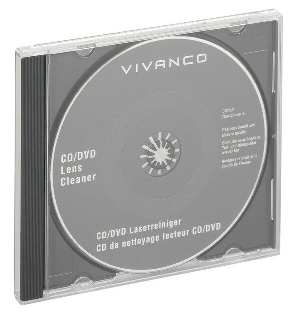 Środek do czyszczenia płyt CD/DVD w przezroczystym etui. Posiada szarą płytę z tekstem Vivanco.