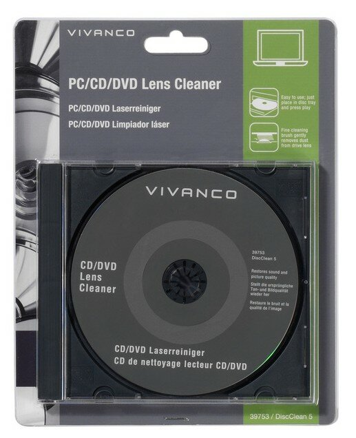 Środek do czyszczenia soczewek CD/DVD Vivanco w plastikowym etui na białym tle.
