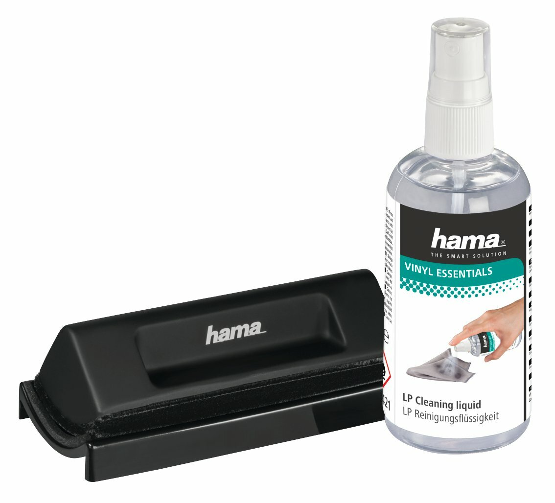 Zestaw do czyszczenia LP Hama z czarną szczotką i butelką płynu do czyszczenia LP.