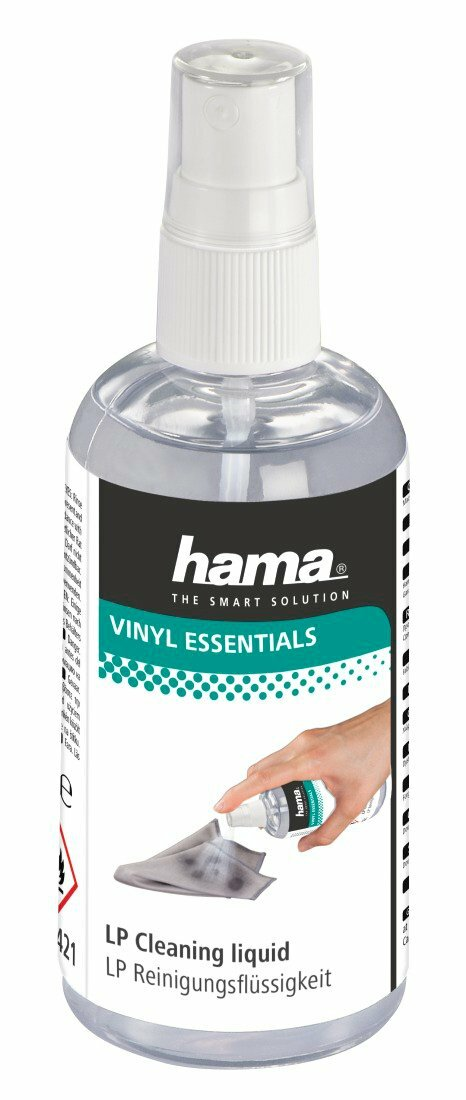 Butelka płynu do czyszczenia winylu Hama z dyszą rozpylającą i ściereczką do czyszczenia.
