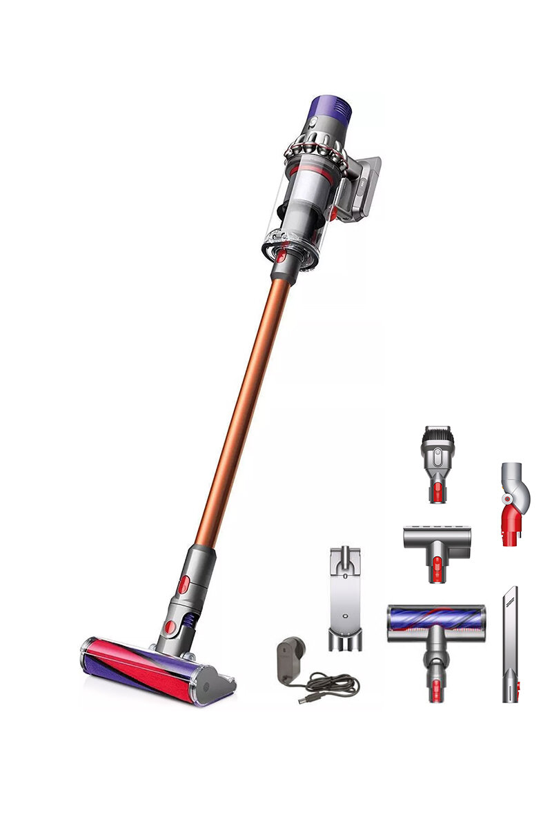 Bezprzewodowy odkurzacz Dyson z akcesoriami na białym tle.