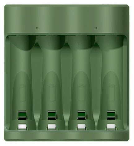 Zielona ładowarka do baterii z czterema gniazdami.