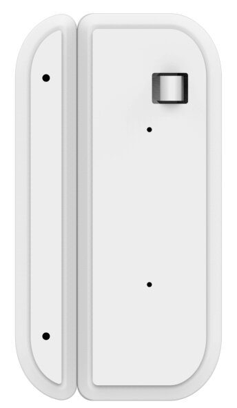 Biały czujnik drzwi z małym przyciskiem i trzema czarnymi kropkami.