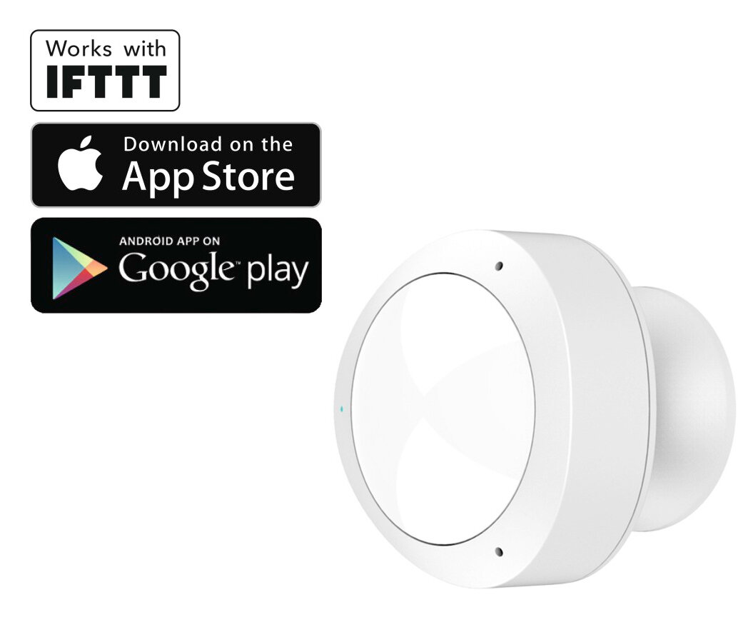 Białe urządzenie inteligentne z logo sklepów z aplikacjami i logo IFTTT, na białym tle.