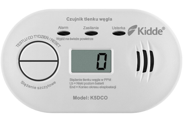 Biały czujnik tlenku węgla Kidde z wyświetlaczem cyfrowym i przyciskami.