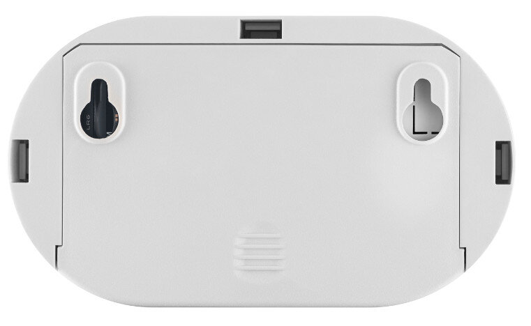 Białe, owalne urządzenie, widok z tyłu z otworami montażowymi.